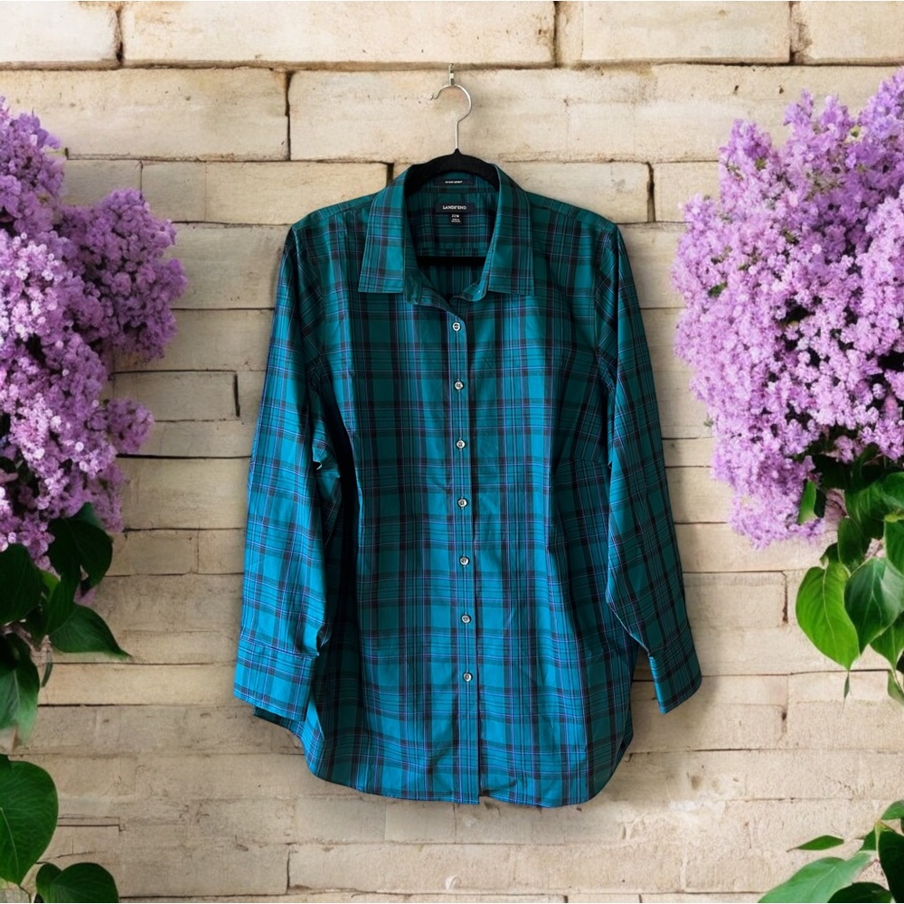 *HOST PICK* Landsโ End No Iron Supima Cotton Teal Green/Black/Purple Plaid Shirt - Picture 12 of 14